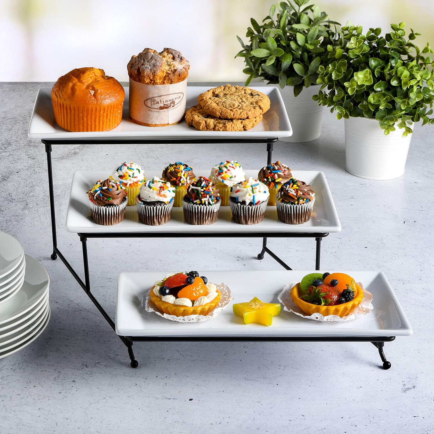 Gibson Home Gracious Dining Dinnerware, 3-Tier Rectangle Plate Set with Metal Stand, White Gibson Home Gracious Dining Dinnerware, 3-Tier Rectangle Plate Set with Metal Stand, White